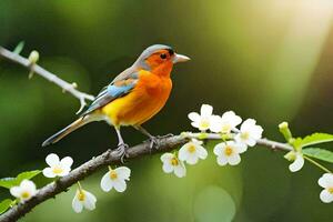 a small orange and blue bird is perched on a branch. AI-Generated photo