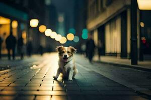 un perro caminando abajo un calle a noche. generado por ai foto