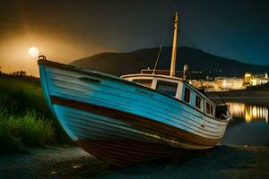 a boat sits on the shore at night. AI-Generated photo