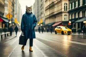 a cat wearing a raincoat and carrying a bag on the street. AI-Generated photo