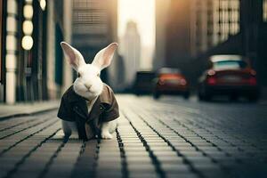 a rabbit in a suit is standing on a street. AI-Generated photo