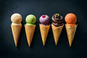 five different ice cream cones in a row. AI-Generated photo