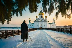 a man in a black robe walks along a snowy path in front of a church. AI-Generated photo