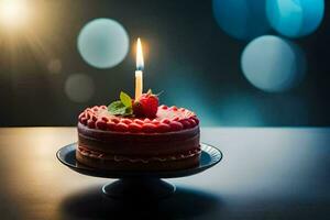 a red cake with a single candle on top. AI-Generated photo