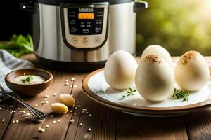 eggs on a plate next to an instant pot. AI-Generated photo