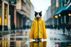 a cat wearing a yellow raincoat standing on a wet street. AI-Generated photo