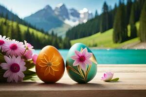 easter eggs and flowers on the lake. AI-Generated photo