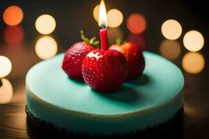 un cumpleaños pastel con dos fresas en cima. generado por ai foto