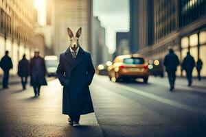 un Conejo vistiendo un traje y Corbata en el calle. generado por ai foto