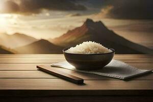 rice in a bowl on a table with mountains in the background. AI-Generated photo