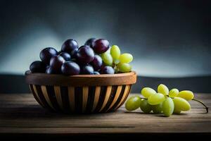 uvas en un de madera cuenco en un mesa. generado por ai foto