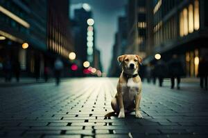 un perro sentado en el calle en un ciudad a noche. generado por ai foto