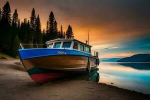 a boat sits on the shore of a lake at sunset. AI-Generated photo