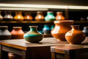 a row of colorful vases on a wooden table. AI-Generated photo