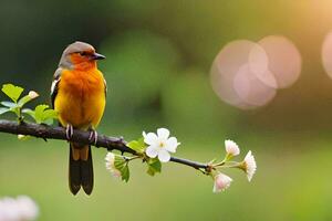 a bird sits on a branch with flowers in the background. AI-Generated photo