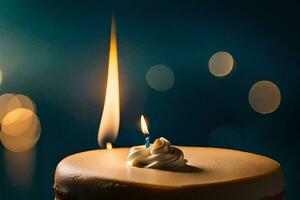 a single candle is lit on a birthday cake. AI-Generated photo