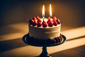 a birthday cake with two burning candles on top. AI-Generated photo
