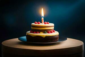 a birthday cake with a lit candle on top. AI-Generated photo