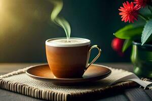 a cup of coffee with a flower on a table. AI-Generated photo