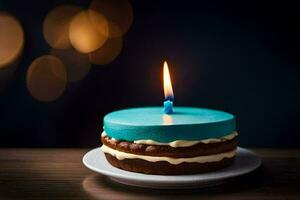 a blue birthday cake with a single candle. AI-Generated photo