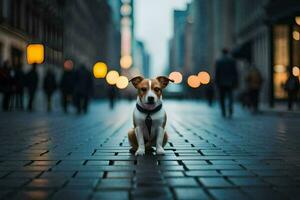 a dog sitting on the street in front of a city. AI-Generated photo