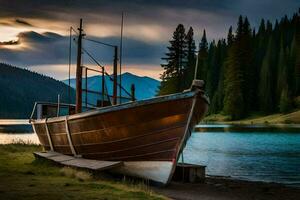 a boat sits on the shore of a lake. AI-Generated photo