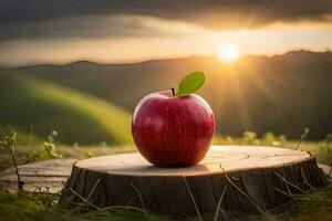 un manzana se sienta en parte superior de un tocón en frente de un puesta de sol. generado por ai foto