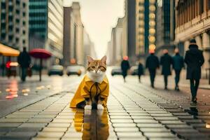 un gato en un impermeable caminando abajo un calle. generado por ai foto