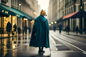 a fox wearing a coat and standing on a city street. AI-Generated photo