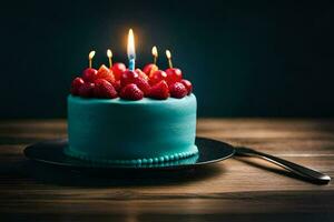 blue birthday cake with candles on top of it. AI-Generated photo