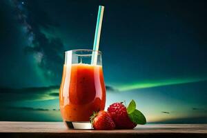 a glass of smoothie with strawberries and a straw. AI-Generated photo