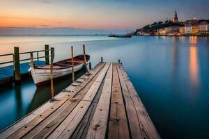 a boat docked on a pier at sunset. AI-Generated photo