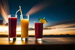 three glasses of juice with a sunset in the background. AI-Generated photo