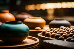 a collection of ceramic pots and bowls. AI-Generated photo