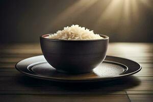 arroz en un cuenco en un de madera mesa. generado por ai foto