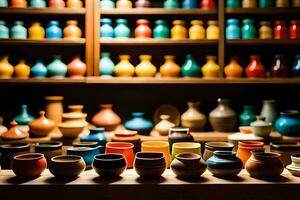 many colorful vases are on display in a shop. AI-Generated photo