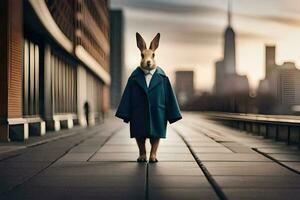 a rabbit wearing a coat and standing on a street. AI-Generated photo