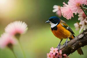 a bird is sitting on a branch with pink flowers. AI-Generated photo