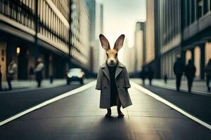 un Conejo vistiendo un Saco y Corbata en pie en el medio de un ciudad calle. generado por ai foto