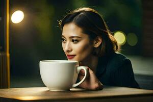 a woman is sitting at a table with a coffee cup. AI-Generated photo