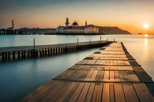 a pier in the water with a church in the background. AI-Generated photo