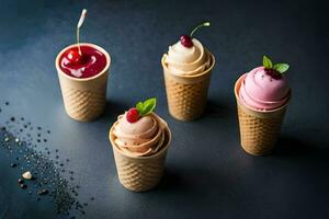 four ice cream cones with different toppings. AI-Generated photo