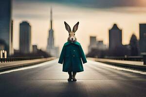 a rabbit wearing a coat and standing on the road. AI-Generated photo