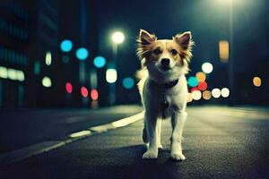 a dog standing on the street at night. AI-Generated photo