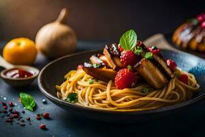 spaghetti with meat and berries on a dark table. AI-Generated photo