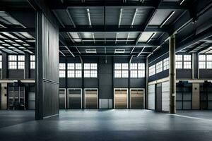 an empty warehouse with lots of windows and doors. AI-Generated photo