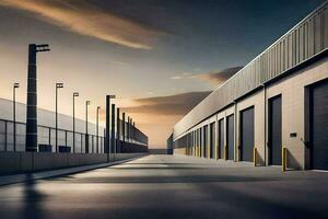 a long empty warehouse with a sky background. AI-Generated photo