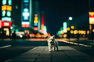 a dog walking on a city street at night. AI-Generated photo