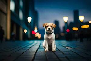 a dog sitting on the street at night. AI-Generated photo