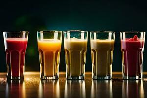 five different types of juices in glasses. AI-Generated photo